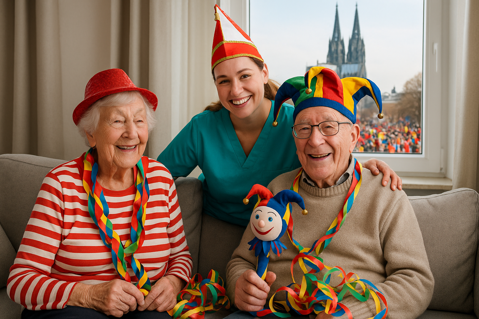 Senioren genießen Karnevalsstimmung in Köln mit Pflegekraft