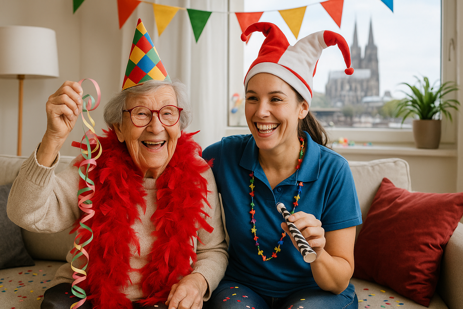 Pflegekraft begleitet Senioren am Rosenmontag in Köln